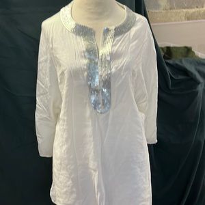 Talbots Silk Blend  Mandarin Blouse Asian Inspired Ivory Size 16